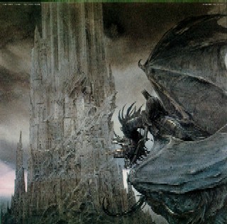 La torre de Barad-dur, hogar de Sauron en Mordor. En primer plano uno de sus Nazgul sobre un monstruo volador