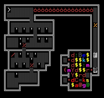 Pantalla de NetHack con caracteres ASCII a colores (modo texto)